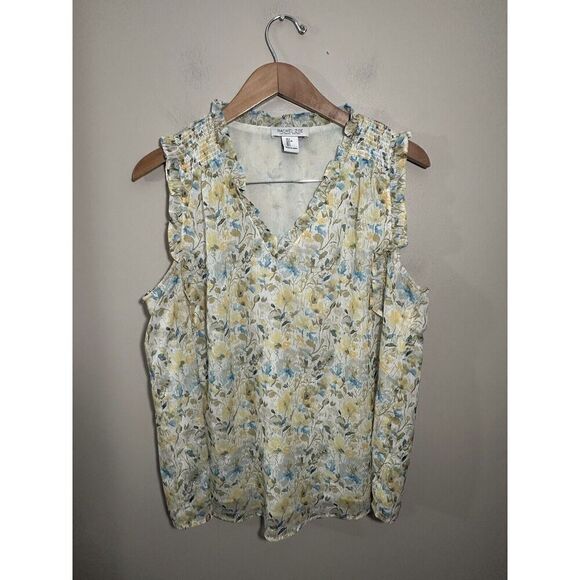 Rachel Zoe Sleeveless Top Yellow Blue Floral Silver Shimmer Large Ruffle‎ V Neck - Picture 2 of 8